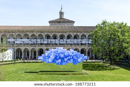 MILAN, ITALY-APRIL 10, 2014: design art installations on the Renaissance Statale University\'s courtyard, during the International Design Fair, Salone del Mobile, in Milan.