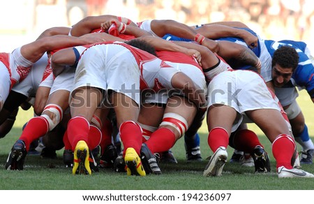 MONTPELLIER, FRANCE-SEPTEMBER 16 2007: rugby players scrum, during the rugby match Tonga vs Samoa of the Rugby World Cup, in Montpellier.