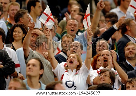 PARIS, FRANCE-SEPTEMBER 15, 2007: England supporters cheerign during the rugby match England vs South Africa of the Rugby World Cup, in Paris.