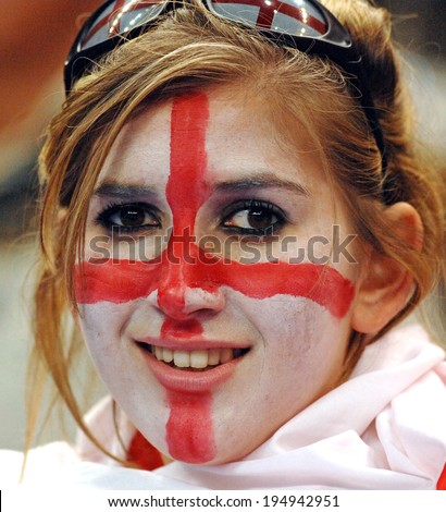 PARIS, FRANCE-OCTOBER 21, 2007: english fan girl, cheers during the final England vs South Africa, of the Rugby World Cup, France 2007, in Paris