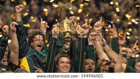 PARIS, FRANCE-OCTOBER 21, 2007: south africa\'s captain John Smit celebrates holding Web Ellis Cup, at the end of the final England vs South Africa, of the Rugby World Cup, France 2007, in Paris