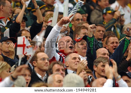 PARIS, FRANCE-OCTOBER 21, 2007:  english rugby fans cheering, during the final England vs South Africa, of the Rugby World Cup, France 2007, in Paris