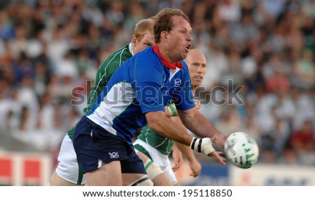 BORDEAUX, FRANCE-SEPTEMBER 09, 2007: namibian player, Emile Wessels, throws the ball during the match Ireland vs Namibia, of the Rugby World Cup, France 2007, in Bordeaux.