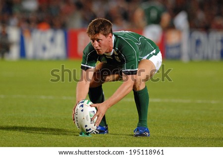 BORDEAUX, FRANCE-SEPTEMBER 09, 2007: irish palyer Ronan O'Gara prepares to kick the ball, during the match Ireland vs Namibia, of the Rugby World Cup, France 2007, in Bordeaux.