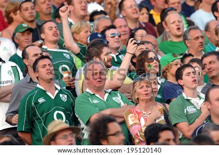 BORDEAUX, FRANCE-SEPTEMBER 09, 2007: irish fans cheering during the match Ireland vs Namibia, of the Rugby World Cup, France 2007, in Bordeaux.
