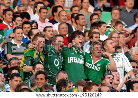 BORDEAUX, FRANCE-SEPTEMBER 09, 2007: irish fans cheering during the match Ireland vs Namibia, of the Rugby World Cup, France 2007, in Bordeaux.