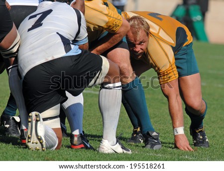 MONTPELLIER, FRANCE-SEPTEMBER 23, 2007: australian rugby player, Phil Vaugh, pushes in a scrum during the match Australia vs Fiji, at the Rugby World Cup, France 2007, in Montpellier.