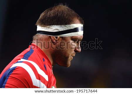 SAINT-ETIENNE, FRANCE-SEPTEMBER 27, 2007: USA rugby player with bandaged head during the rugby match USA vs Samoa, of the Rugby World Cup, France 2007, in Saint-Etienne.