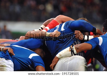 SAINT-ETIENNE, FRANCE-SEPTEMBER-27, 2007: Samoa rugby players scrum during the match USA vs Samoa, of the Rugby World Cup, France 2007, in Saint-Etienne.