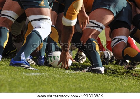MARSEILLE, FRANCE-OCTOBER 06 2007: close up of the australian rugby players scrum, during the match Australia vs England, of the Rugby World Cup, in Marseille.