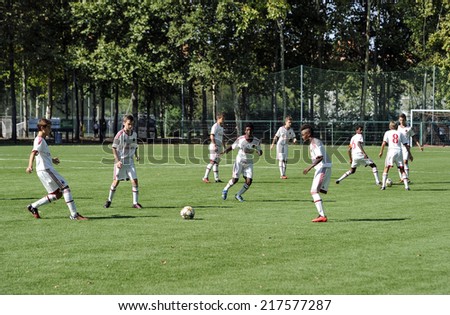 MILAN, ITALY-SEPTEMBER 13, 2014: AC Milan youth soccer training session at the Vismara center, in Milan.