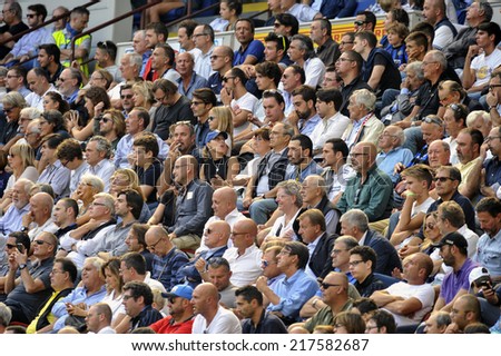 MILAN, ITALY-SEPTEMBER 14, 2014: soccer fans at San Siro stadium watching the Serie A professional soccer match Inter vs Sassuolo, in Milan.