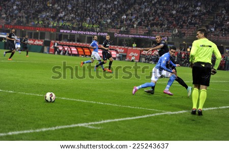 MILAN, ITALY-OCTOBER 19,2014: players Juan Jesus and Jose' Maria Callejon in action during the Italian serie A night soccer match FC Internazionale vs  Napoli at the san siro stadium, in Milan.