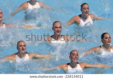 BARCELONA, SPAIN-SEPTEMBER 04,1999: United States swimming synchronized team in action during the World Swimming Championship, in Barcelona.