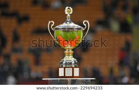 MILAN, ITALY-NOVEMBER 05, 2014: trophy cup at the san siro soccer stadium during the award ceremony of the Luigi Berlusconi\'s trophy won by AC Milan, in Milan.