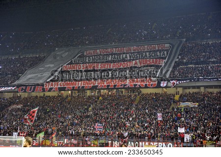 MILAN, ITALY-NOVEMBER 23,2014: AC Milan soccer fans gathering to support their team during the milanese derby AC Milan vs FC Internazionale, at the san siro stadium, in Milan.
