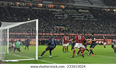 MILAN, ITALY-NOVEMBER 23,2014: soccer players in action during the milanese derby AC Milan vs FC Internazionale, at the san siro stadium, in Milan.