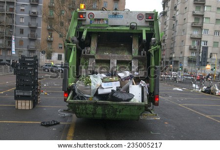 MILAN, ITALY-DECEMBER 02, 2014: garbage truck cleaning after a street market, in Milan.