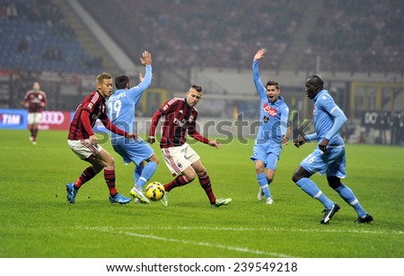 MILAN, ITALY-DECEMBER 14,2014:soccer players in action during the serie A soccer match AC Milan vs Napoli at the san siro stadium , in Milan.