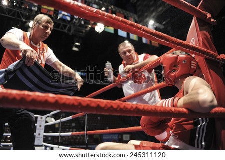 MILAN, ITALY-SEPTEMBER 05, 2009: boxer at ring corner during the non professional boxe match ablizimov vs alwadi of the boxe amateur world championship, in Milan