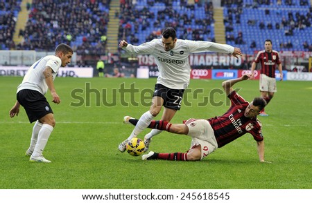 MILAN, ITALY-JANUARY 18, 2015: soccer players in action during the italian serie A soccer match AC Milan vs Atalanta, in Milan.