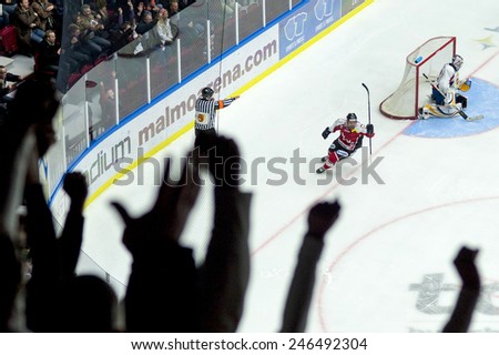 MALMO, SWEDEN-FEBRUARY 20, 2008: ice hockey fans celebrating during an ice hockey match at the arena, in Malmo.