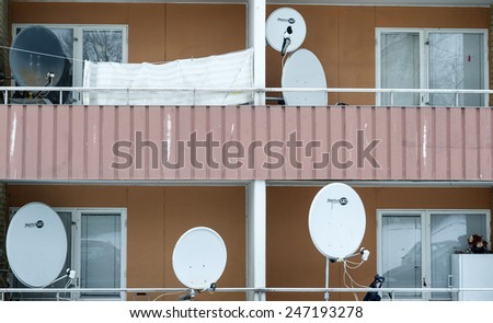 MALMO, SWEDEN-FEBRUARY 20, 2008: television antennas on building house project\'s balconies, in Malmo.