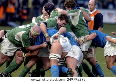 ROME, ITALY-FEBRUARY 06, 2005: rugby players scrum during the Six Nations rugby tournament match Italy vs Ireland, in Rome.