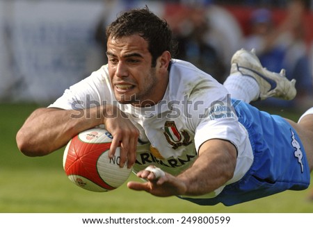 ROME, ITALY-MARCH 15,2008: italian rugby player Gonzalo Canale jumps to score a try during the Six Nations rugby tournament match Italy vs Scotland, in Rome.