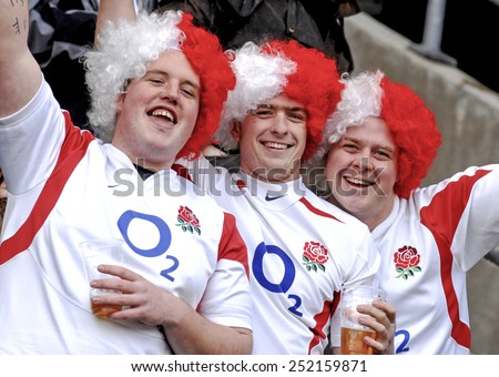 LONDON, ENGLAND-MARCH 18,2007: english rugby fans cheering during the Six Nations Rugby match England vs Italy, in London.