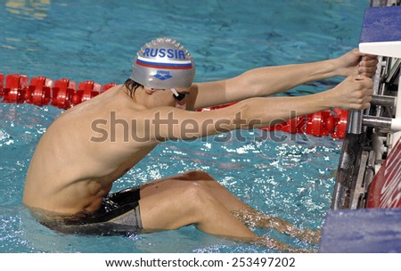 EINDHOVEN, HOLLAND-MARCH 22, 2008: male diver at starting blocks during the European Swimming Championship, in Eindhoven.