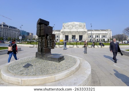 MILAN, ITALY-MARCH 23, 2015: historical building facade of the Central train station, in Milan.