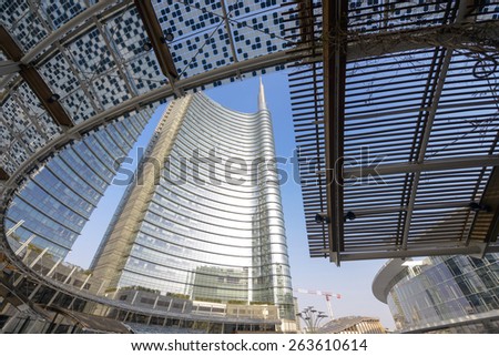 MILAN, ITALY-MARCH 23, 2015: Unicredit skyscraper tower and Piazza Gae Aulenti, in Milan.