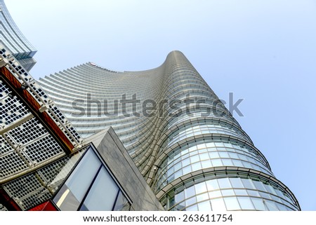 MILAN, ITALY-MARCH 23, 2015: Unicredit skyscraper tower seen from the bottom, in Milan.