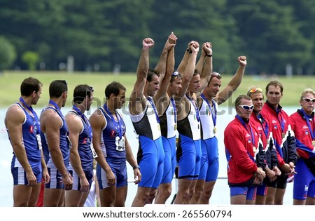MILAN, ITALY-JULY 15, 2002: male teams award ceremony of the Canoe Kayak World Cup, in Milan.