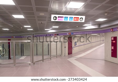 MILAN, ITALY-APRIL 27, 2015: new empty underground architecture of the lilac metro station number 5, in Milan.