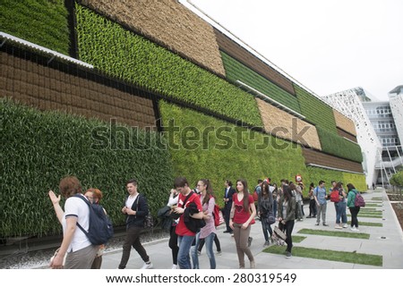 MILAN, ITALY-MAY 04, 2015: vertical green plantations on the Israel pavillion at EXPO 2015, food is the main topic of this italian edition, in Milan.