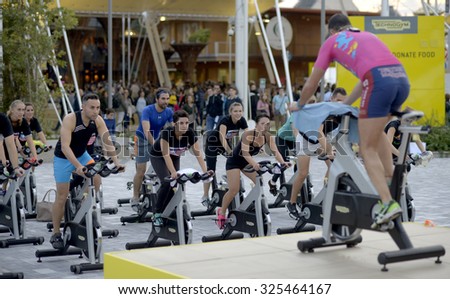 MILAN, ITALY-OCTOBER 05, 2015: stationary bike fitness lesson inside the EXPO area, in Milan.