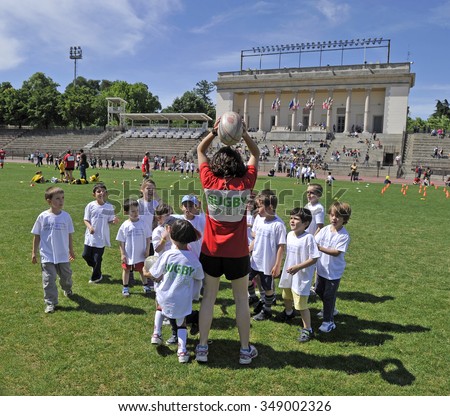 MILAN, ITALY-JUNE 02, 2013: rugby school on a sunday morning at the Arena stadium, in Milan.
