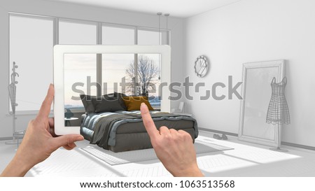 Augmented reality concept. Hand holding tablet with AR application used to simulate furniture and interior design products in real home, 3d illustration