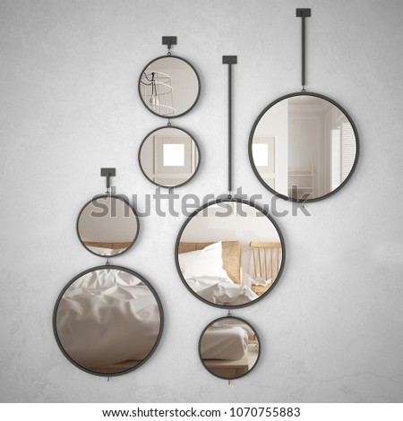Round mirrors hanging on the wall reflecting interior design scene, minimalist scandinavian bedroom, modern architecture, 3d illustration