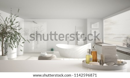 Spa, hotel bathroom concept. White table top or shelf with bathing accessories, toiletries, over blurred large minimalist bathroom, modern architecture interior design, 3d illustration