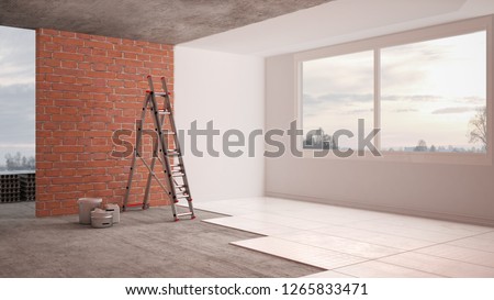 Home renovation, restructuring process, repair, wall painting, new house construction concept. Brick and painted walls, floor, walls laying and covering, architecture interior design, 3d illustration