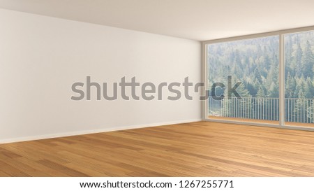 Empty room interior design, open space with big panoramic window, balcony on green meadow with trees, parquet wooden floor, modern contemporary architecture, 3d illustration
