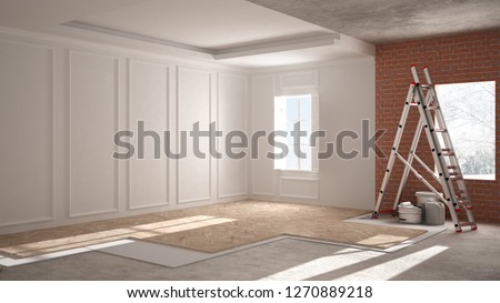 Home renovation, repairing process, restructuring and wall painting, construction concept. Brick and painted walls, parquet floor, walls laying, covering, architecture interior design, 3d illustration