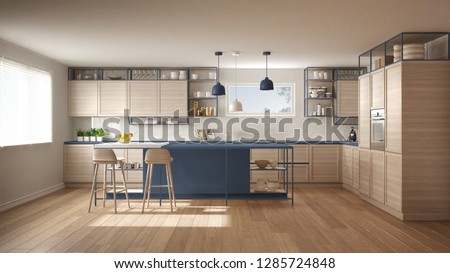 Modern white and blue kitchen with wooden details and parquet floor, modern pendant lamps, minimalistic interior design concept idea, island with stools and accessories, 3d illustration