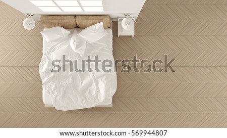 Scandinavian classic bedroom, white minimalistic design, hotel spa resort, top view, 3d illustration