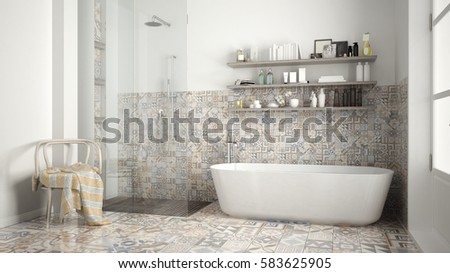 Scandinavian bathroom, classic white vintage interior design, 3d illustration