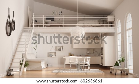 Scandinavian minimalist loft, one-room apartment with white kitchen, living and bedroom, classic interior design, 3d illustration