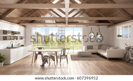 Minimalist mezzanine loft, kitchen, living and bedroom, wooden roofing and parquet floor, scandinavian classic interior design with garden panorama, 3d illustration